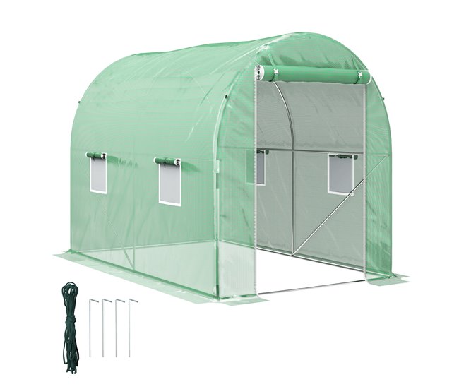 Auténtico Outsunny Invernadero de Túnel 298x197x189 cm Invernadero de Jardín con Puerta Enrollable 4 Ventanas Cubierta PE 140g/m² Estructura de Metal Galvanizado para Cultivos Plantas Flores Verde - Conforama