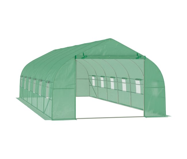 Bestseller Outsunny Invernadero de Exterior Invernadero de Túnel 8x3x2 m Invernadero de Jardín con 12 Ventanas y Puerta Enrollable para Cultivo Plantas Tomates Verduras Acero y PE 140 g/m² Verde - Conforama