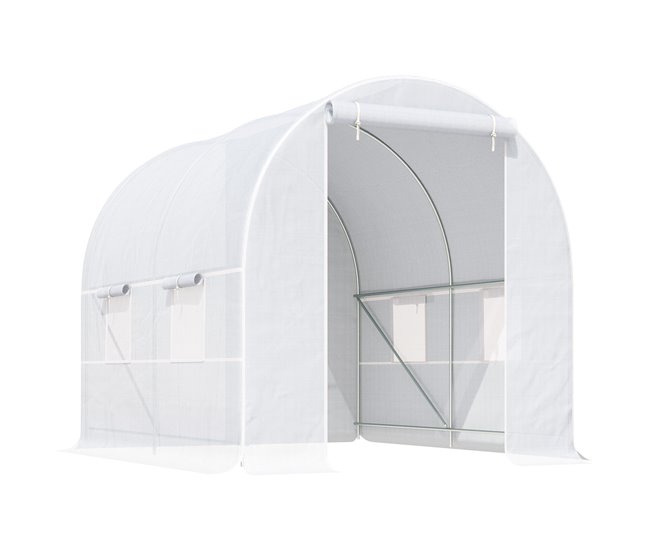 Outsunny Invernadero de Exterior 2,5x2x2 m Invernadero de Túnel con 4 Ventanas de Malla y Puerta Enrollable con Cremallera Invernadero de Huerto Anti-UV para Patio Jardín Blanco - Conforama Gran Oferta
