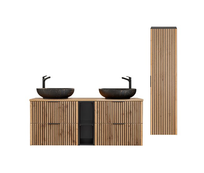 06f2f9a589d77b8617f39fb9fca43a63720f0799_bb9aa84d90d1494d820460df3a42999d Compra Hoy Conjunto de muebles con doble lavabo 140cm 2 compartimientos y columna Gaia Madera y Negro - Lavabo Negro - Conforama