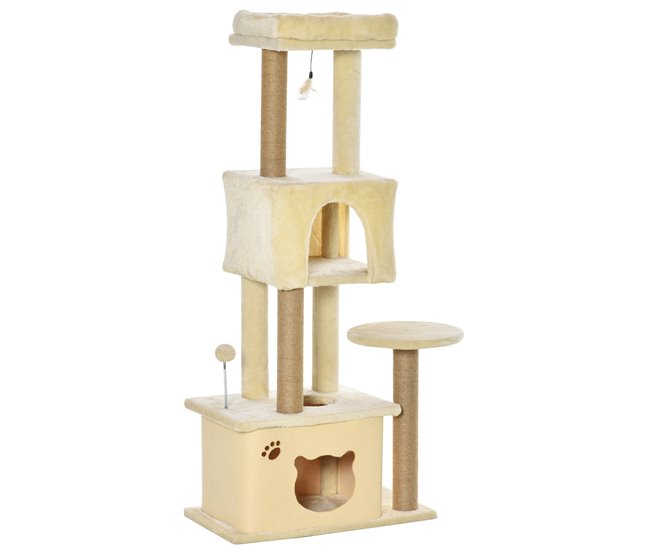 08a213713091684ad81ed3bc9bce022da9dc4566_54d1f9ee5f9c40bfbb8913f21ce45d7f PawHut Árbol Rascador para Gatos Grande 60x34x136 cm Árbol para Gatos con Plataformas Cuevas de Felpa Desmontable Postes de Yute y Bola Colgante Beige - Conforama Más Vendido