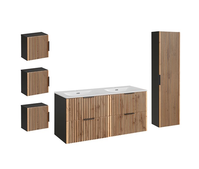 Conjunto de muebles con doble lavabo encastrado 120cm columna y 3 armarios de pared Gaia Madera y Negro - Conforama Edición Limitada