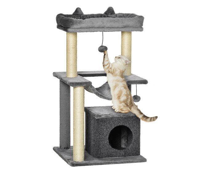 PawHut Árbol Rascador para Gatos Altura 90 cm Árbol para Gatos Torre para Gatos de 3 Niveles con Nido Hamaca Plataforma Bolas Colgantes y Poste de Sisal 48x48x90 cm Gris - Conforama Promoción Exclusiva