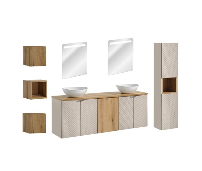 0f6a9485ca1d097553cde9192c53a17bc051f164_13c03d514f9b4cb1bbd4653863a353dc Conjunto mueble lavabo doble 160 cm 4 puertas espejos LED columna y 3 armarios murales Manoa Cachemira y Madera - Conforama Promoción