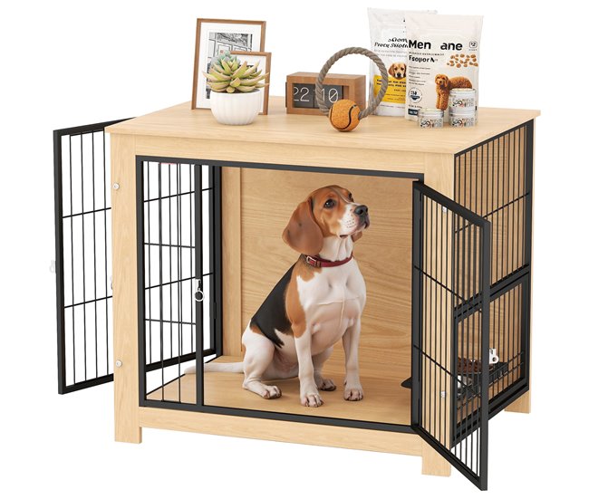 102c53d22c34cca29909f32011daadd958d7c22b_9418e591032843a48ebc2045a933e301 PawHut Jaula para Perros Mesa Auxiliar Moderna Casa para Mascotas con 2 Puertas Soporte Giratorio con 2 Tazones y Estructura de Acero para Perros Medianos 80x60x68 cm Roble - Conforama Oferta Limitada