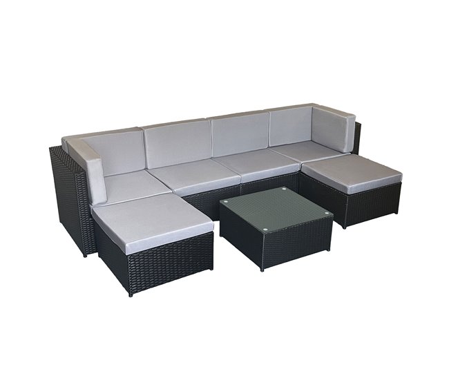 11cbf6c31c9757dc0920c73f26649db145848db3_daae743ae627407aa15b1ca8ac5f94f2 Garantía Incluida Conjunto de muebles de jardín BONIFACIO de resina tejida negra, con capacidad para 6 personas - cojín gris - Conforama