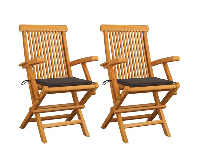 Precio Bajo Sillas de jardin 2 unidades madera teca con cojines a cuadros grises - Conforama
