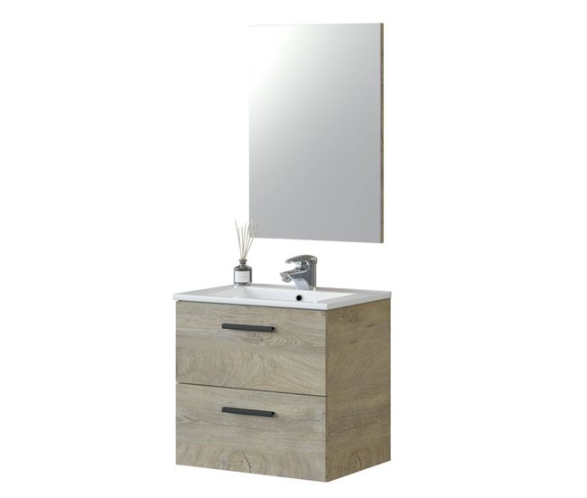 1514b7ec85368605460d44c2effe772a785b7340_05ed15d322cc422e82c2d06b6b7321cc Mueble de baño Aruba 60 con espejo Roble Alaska y tiradores lacados en negro mate Mueble:60Espejo:57,5 x Mueble:57Espejo:80 x Mueble:45Espejo:1,8 cm - Conforama Oferta