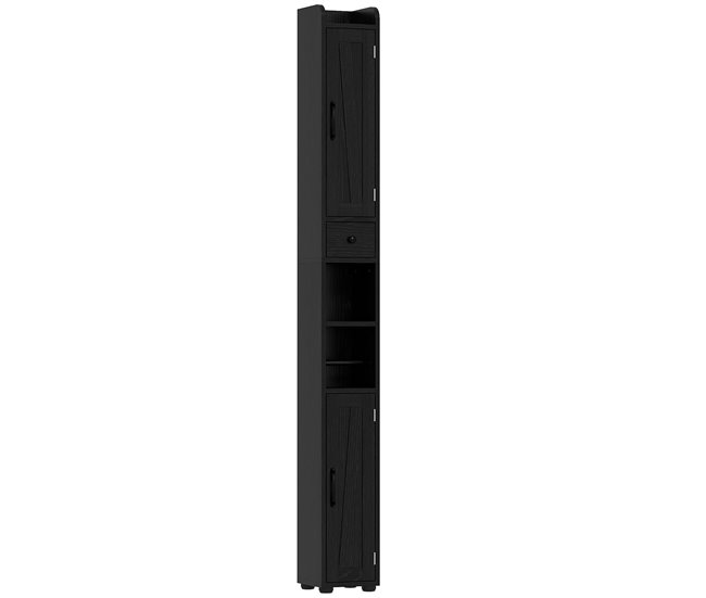 16b7c274ca8fdd1792e71d0b77b7ce3f9849402b_286e5b6bacb240d19302600dcddf0f69 HOMCOM Columna de Baño Estrecha con 2 Puertas Armario Alto de Baño Rústico con Cajón Compartimento Abierto Estantes Ajustables y Portarrollos 20x20x185 cm Negro - Conforama Lujoso