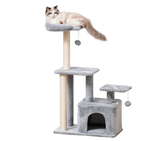 1ed0781dbeca6db2ef763b6e08965b01af5b8e91_7ea375e09e3845949eeba1fb9d347a02 PawHut Árbol Rascador para Gatos Altura 114 cm Árbol para Gatos Torre para Gatos con Postes de Sisal 3 Plataformas Casita y 2 Bolas Colgantes Gris Claro - Conforama Última Versión