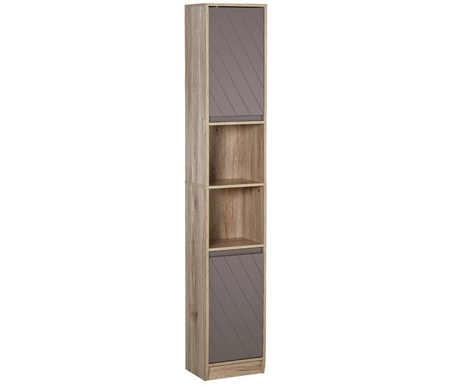 HOMCOM Armario Alto para Baño Columna de Baño con 2 Puertas y 2 Estantes Abiertos Mueble Auxiliar de Almacenaje para Salón Recibidor 30x24x170 cm Roble y Gris - Conforama A Buen Precio