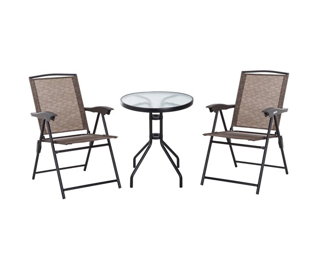 243815d3f5f36d04ba4340d5299717a04525dac9_3867d4c49ce5406c919fe56e5029d7ff Outsunny Conjunto Mesa y 2 Sillas Muebles para Jardín Exterior Patio Terraza Silla Plegable Respaldo Reclinable a 4 Niveles Texteline Marco Acero Marrón - Conforama Directo De Fábrica
