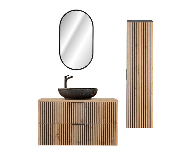 24dd38c6d08832392b3f8fc00a3e7d8f39889498_354d5161ec274216b775392c0692a013 Conjunto mueble lavabo individual 100cm espejo LED y columna Gaia Madera y Negro - Lavabo Negro - Conforama Precio Rebajado
