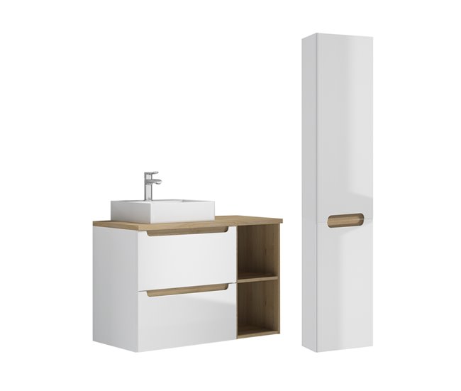 Entrega Rápida Conjunto de muebles con lavabo individual 90cm 2 compartimientos y columna Livia Blanco y Madera - Conforama