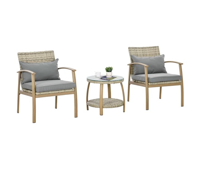 Precio Rebajado Outsunny Conjunto de Muebles de 3 Piezas Conjunto de Mesa y 2 Sillas de Jardín con Marco de Aluminio y Cojines Extraíbles para Terraza Patio Jardín Natural y Marrón - Conforama