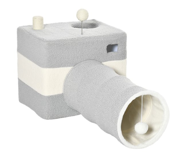 PawHut Túnel para Gatos con Cueva Tubo de Juguete para Mascotas con Orificio Superior Puerta Delantera Poste de Sisal y Bola Colgante 48x95x58 cm Gris - Conforama Precio Reducido