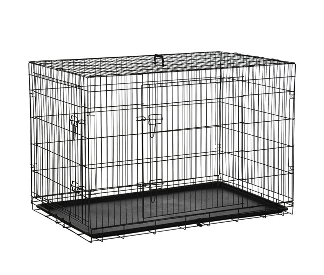 PawHut Jaula para Perros Plegable Jaula para Perros Grandes con 2 Puertas Bandeja Extraíble Asa y Marco de Alambre Acero 120x73,5x80 cm Negro - Conforama Mayoreo