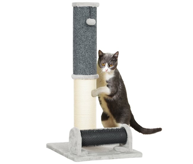 Profesional PawHut Poste Rascador para Gatos 85 cm Arañador para Gatos con Poste de Sisal Cepillo de Auto Acicalado y Bola de Juguete Gris y Crema - Conforama