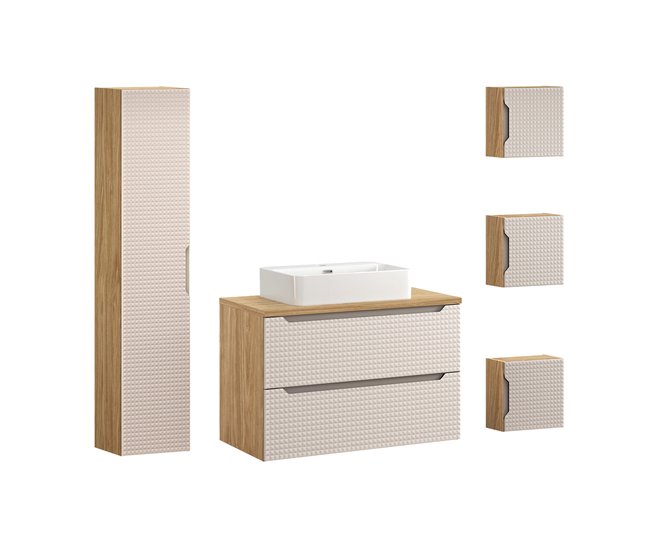 2fa09700a3dde229b5a9bb1ad2d04bf5b321109c_3165924a27014787a5810358f3d8f014 Conjunto mueble lavabo individual 90cm columna y 3 armarios de pared Mallory Beige y madera - Conforama Precio Reducido