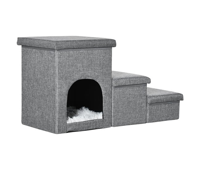 2fc42369dde33d6672e31a3b91b4f11a9e971bee_0ca58770987d4d77a37dc020d51fd19c PawHut Escalera para Perros Escalera Rampa para Mascotas de 3 Peldaños con Tapas 3 Cajas de Almacenamiento Cueva y Cojín Lavable para Cama Sofá 73,5x33x40,5 cm Gris - Conforama Liquidación