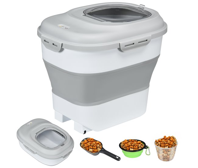 PawHut Contenedor de Comida para Perros Plegable 25L Contenedor de Pienso con Ruedas Taza Medidora Cuenco Plegable y Cuchara Contenedor de Comida para Mascotas Gatos Gris - Conforama Ocasión Especial