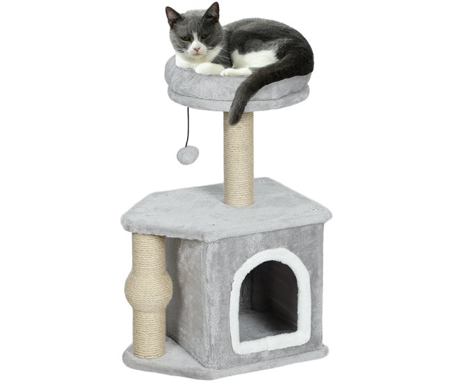 39308f5fc1572c9da609c76246183ecbc0b50553_0b916ebab0b84d999911e4943fda4409 PawHut Rascador para Gatos Altura 66 cm Árbol para Gatos Torre de Escalada con Cama Cueva Plataforma Bola Colgante y Poste de Yute Gris Claro - Conforama Directo De Fábrica