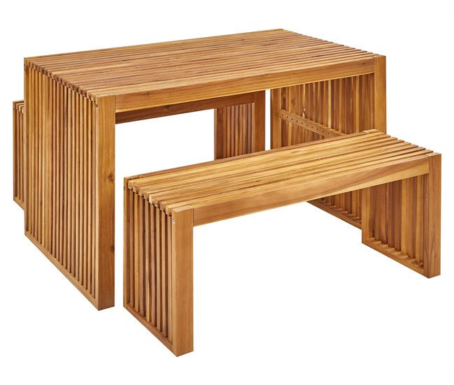 Imprescindible (Must-Have) Conjunto de comedor exterior con bancos 4 plazas BELLANO Madera de acacia Marrón - Conforama