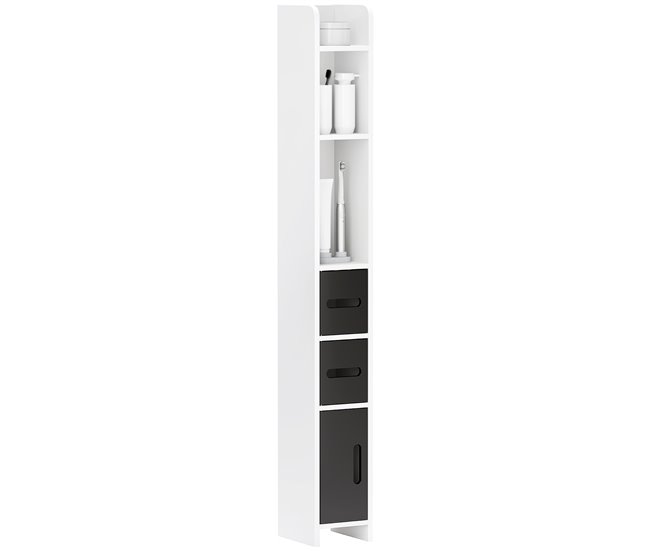 kleankin Columna de Baño Mueble de Baño con 3 Puertas 3 Estantes Abiertos y Sistema Antivuelco Armario de Baño Estilo Moderno 15x17x120 cm Blanco y Negro - Conforama Envío Inmediato