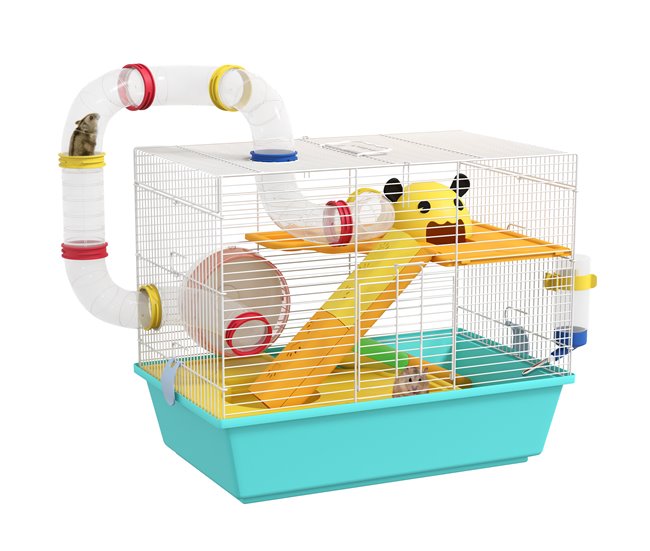 Ocasión Especial PawHut Jaula para Hámster Casa para Animales Pequeños con Túnel Plataformas Cuenco Bebedero Casita Rampas y Rueda de Ejercicio 45x28x37 cm Azul Claro - Conforama