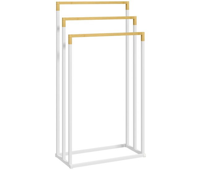 kleankin Toallero Escalera de 3 Niveles Toallero de Pie con 3 Barras de Bambú y Marco de Acero Toallero para Baño Lavadero 45x22,5x86 cm Blanco y Natural - Conforama Última Oportunidad