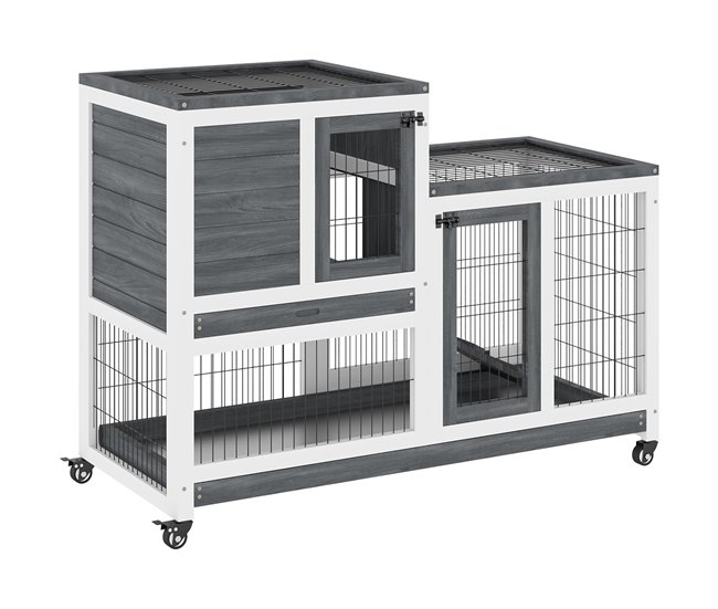 Precio Bajo PawHut Conejera de Madera de 2 Niveles Jaula para Conejos con Ruedas Puertas Zona Abierta Rampa y 2 Bandejas Extraíbles Conejera para Interior 110x50x88 cm Gris - Conforama