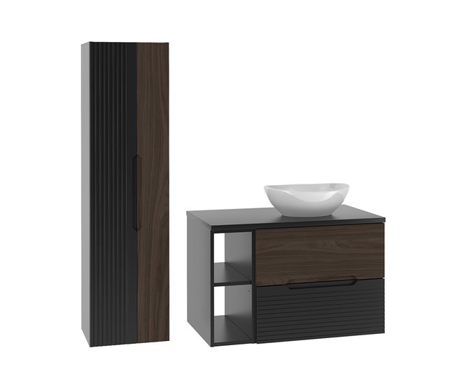 3f9540aa22eed01b7016aa3cd5fca1811967132f_3d8d9f6ecdfd4929a8f3584d0238c0df Conjunto de muebles con lavabo individual 80cm compartimiento y columna Sylla Negro y madera - Conforama Precio Rebajado