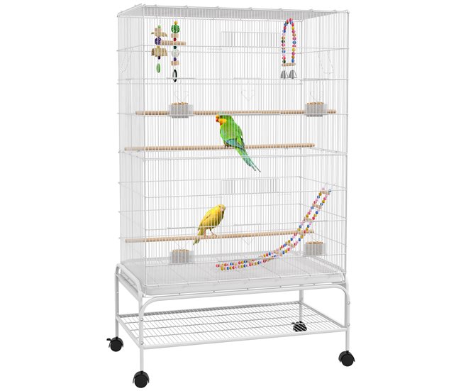 41ac6ed1cdec00096c4ddc049d43ba29a9a07495_59e04825adca48c9bb6d351264365214 PawHut Jaula para Pájaros con Ruedas Jaula Grande con Soporte Pajarera con Bandeja Extraíble Puertas Comederos Perchas Juguetes y Estante Inferior para Canarios Periquitos 79x49x133 cm Blanco - Conforama Marca Reconocida