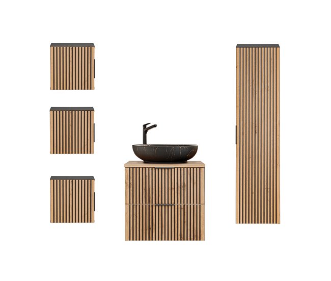 451fcc94892fc85361bd98068a5a5413ed081cc7_fa45eb2dd1e84c318263408c2b6b1ca1 Conjunto de muebles con lavabo individual 60cm columna y 3 armarios de pared Gaia Madera y Negro - Lavabo Negro - Conforama Venta Final