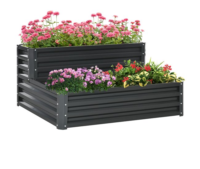 Outsunny Huerto Urbano de 2 Niveles Jardinera Exterior de Acero con Diseño de Escalera para Cultivos Plantas Medicina Herbaria Flores para Terraza Jardín 120x101x58 cm Gris Oscuro - Conforama Rebajas