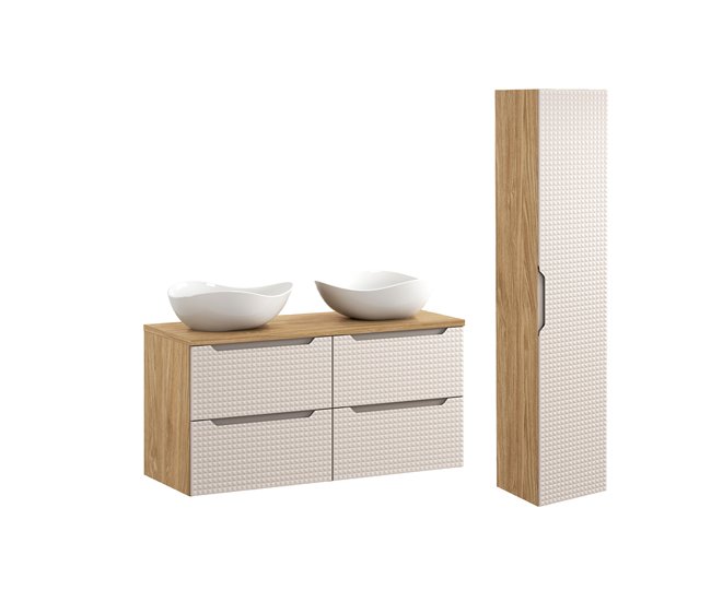 51949661f9b6c2057d59a8e4223911d46f1db94b_8230ba78466b46ca8671c9b9e0b4dd43 Conjunto de muebles con doble lavabo 120cm y columna Mallory Beige y madera - Conforama Profesional