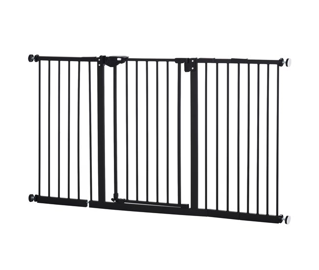 Marca Reconocida PawHut Barrera de Seguridad para Puertas y Escaleras Barrera para Perros con Cierre Automático y Sistema de Doble Bloqueo Metal 74-80/91,5-100/104-117,5/121,5-130/141,5-147,5x76,2 cm Negro - Conforama