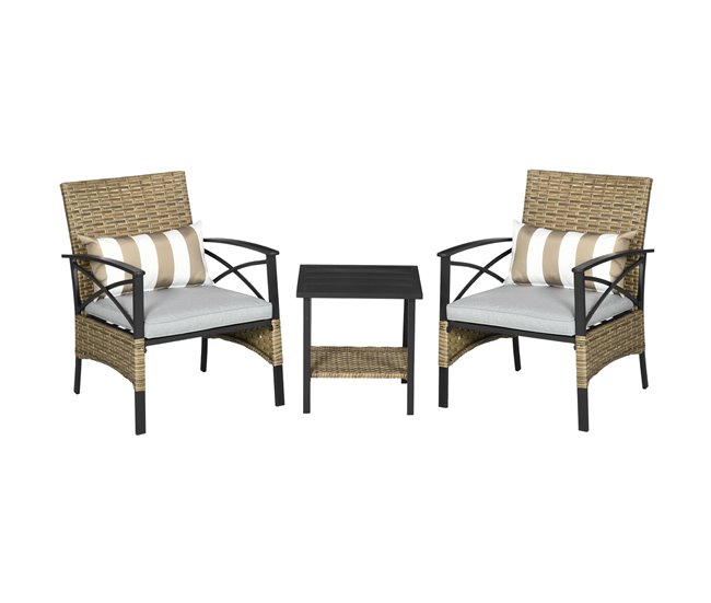 549960539931c41cac0ba52fd91f51a9c8772488_a0e4c9bed2f24bb3a72a19ad58334ed5 Compra Ahora Outsunny Conjunto de Muebles de Jardín de 3 Piezas Juego de 2 Sillas y Mesa de Ratán con 2 Cojines Acolchados y Marco de Acero para Terraza Balcón Exterior Marrón - Conforama