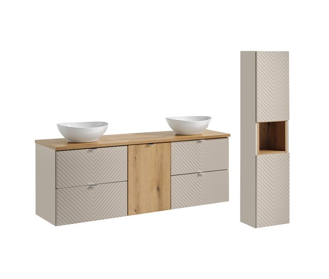59cbd41c1849a577801a35bd6ea5c452cf49ce57_1def9dc562c8483a92cd4f91818f526b Conjunto de muebles doble lavabo 160cm con cesto de ropa y columna Manoa Cachemira y madera - Conforama Promoción