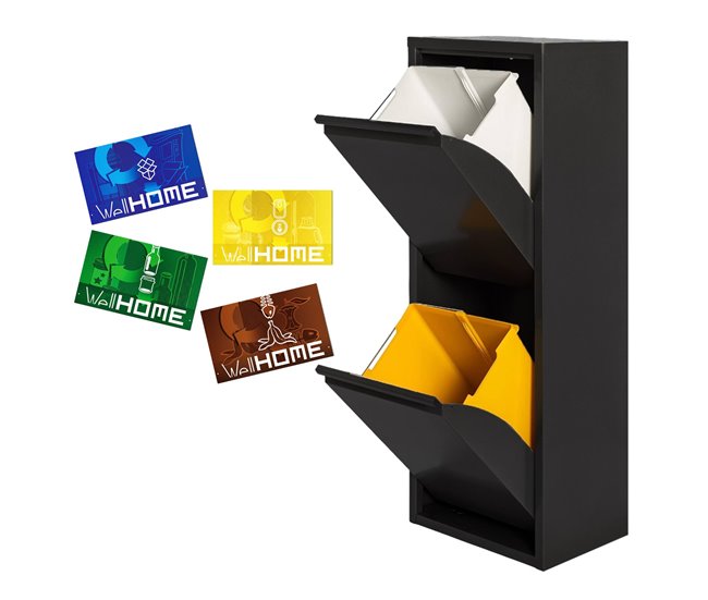 5a04554721281701ab54983bb139b6af742c2f8c_8023d12f822747adb6fa41f27fd0e259 WELL HOME MOBILIARIO & DECORACIÓN Cubo de basura y reciclaje Metálico de 2 compartimentos + 4 etiquetas magnéticas, 2x17L (34L) Negro mate - Conforama Últimas Unidades