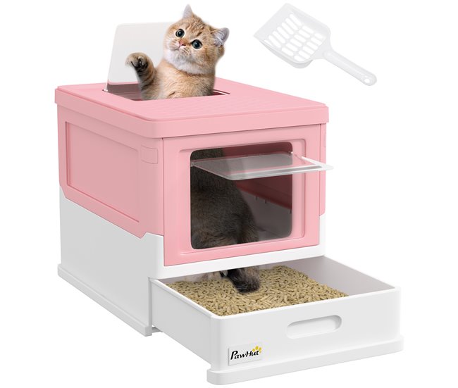 PawHut Arenero Cubierto para Gatos Bandeja Higiénica Desmontable con Entrada Frontal y Salida Superior con Pala Incluida para Gatos de hasta 5kg 47,5x35,5x36,7 cm Rosa y Blanco - Conforama Favorito De Clientes
