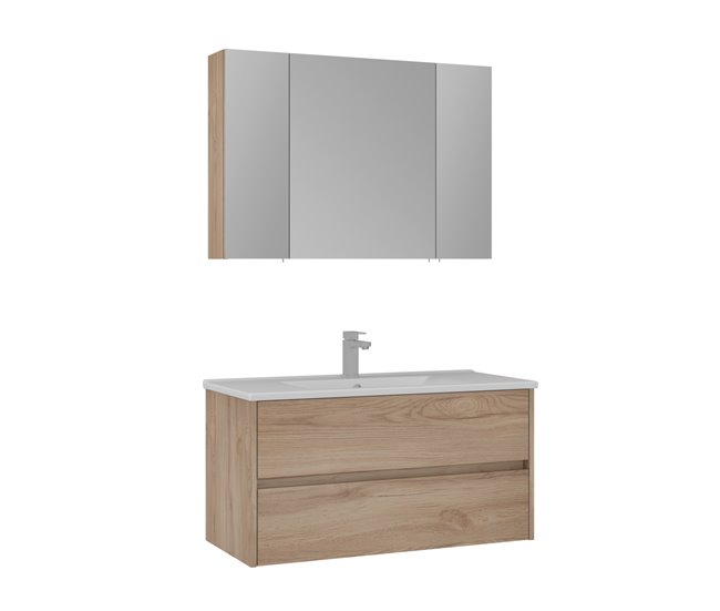 Devolución Gratuita Conjunto de Mueble SIDE de Baño de 2 Cajones con Lavabo y Espejo con estanteria de 100 cm Roble - Conforama