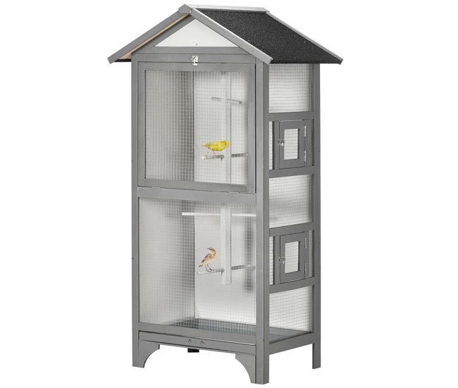 Promoción PawHut Jaula para Pájaros Pajarera de Madera con 3 Puertas 4 Perchas Bandeja Extraíble y Techo Asfáltico 80,5x57x153 cm Gris Claro - Conforama