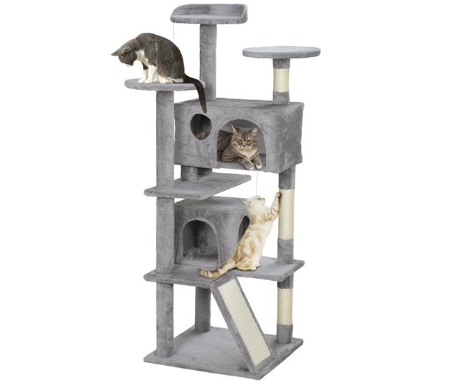 PawHut Rascador para Gatos Altura 138 cm Árbol para Gatos Torre de Escalada con Postes Rascadores de Sisal Plataformas Cuevas Bolas Colgantes y Hamacas Gris Claro - Conforama Oferta Limitada
