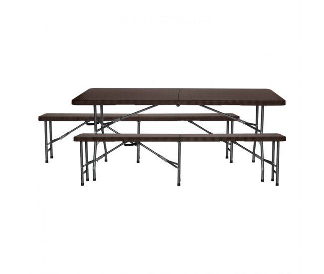 Entrega Rápida Conjunto Plegable Mesa con 2 Bancos de 180cm Catering Efecto Ratán 7house - Conforama