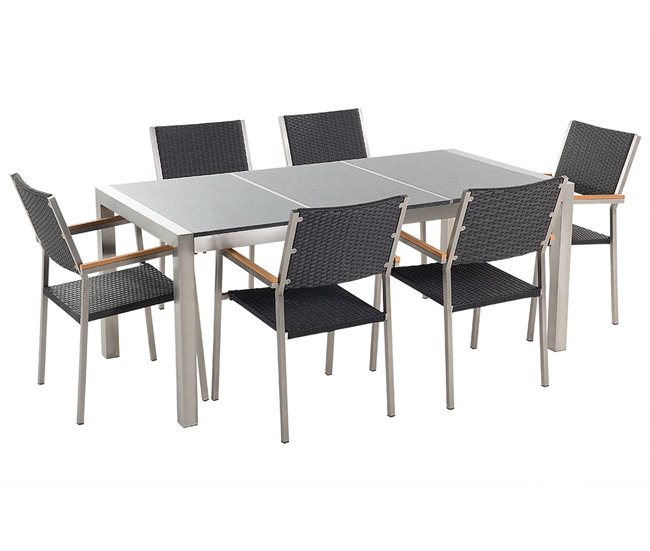 Conjunto de comedor exterior 6 plazas GROSSETO Placa triple Granito Pulido Negro/Gris - Conforama Nueva Colección
