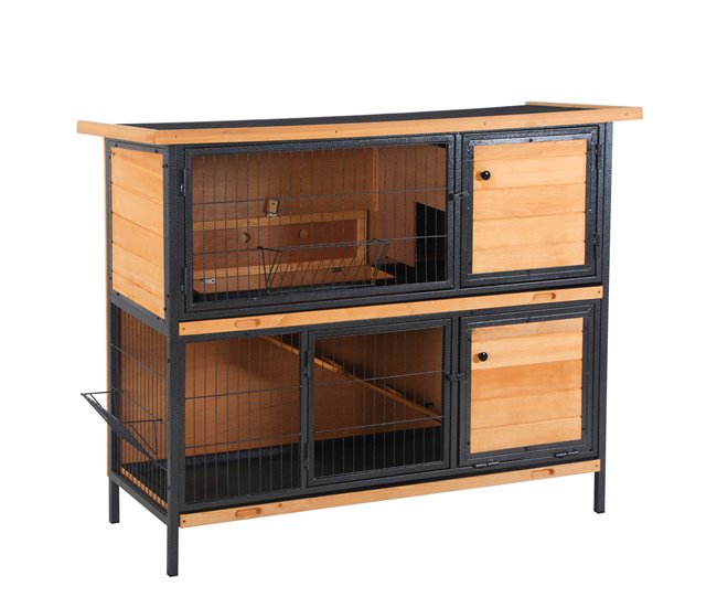 7d33cac6cf4f8b649ec1867fb10a939e0abe4a0f_0de14f8624f74644acfe194181eb2192 Nuevo Modelo PawHut Conejera de Madera de 2 Niveles Jaula para Conejos con Techo Asfáltico Abatible Puertas con Pestillo Bandejas Extraíbles y Rampa Conejera para Exterior 122x50x101 cm Natural y Negro - Conforama