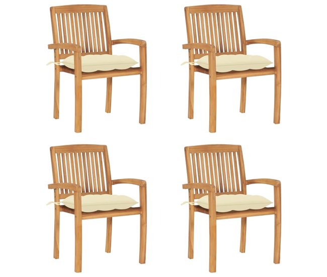 Ocasión Especial Sillas de jardin apilables 4 unidades madera de teca con cojines - Conforama