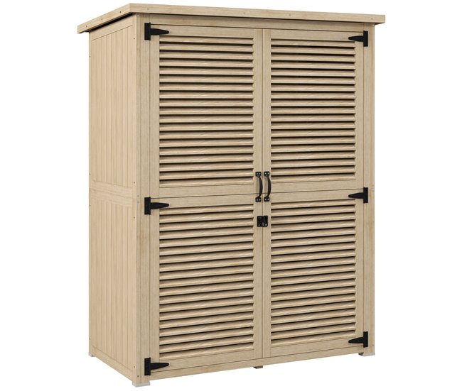 884727d205f0d79427f68e34ae5e270aea8299cf_f4f1a344134347b38c1197e76aacb783 Disponible Ahora Outsunny Cobertizo de Madera 0,83 m² 127x65x168 cm Armario de Exterior de Madera con 2 Puertas de Persiana 2 Estantes 2 Asas y Techo Impermeable para Jardín Natural - Conforama
