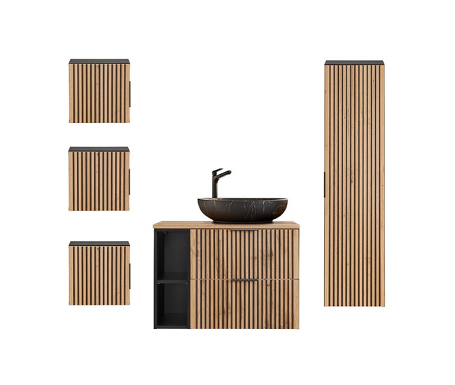 Conjunto de muebles con lavabo individual 80cm 2 compartimientos y 3 armarios de pared Gaia Madera y Negro - Lavabo Negr - Conforama Precio Reducido